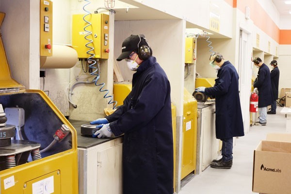 Inside a commercial laboratory where pulverisers have their own dedicated workbench. 
